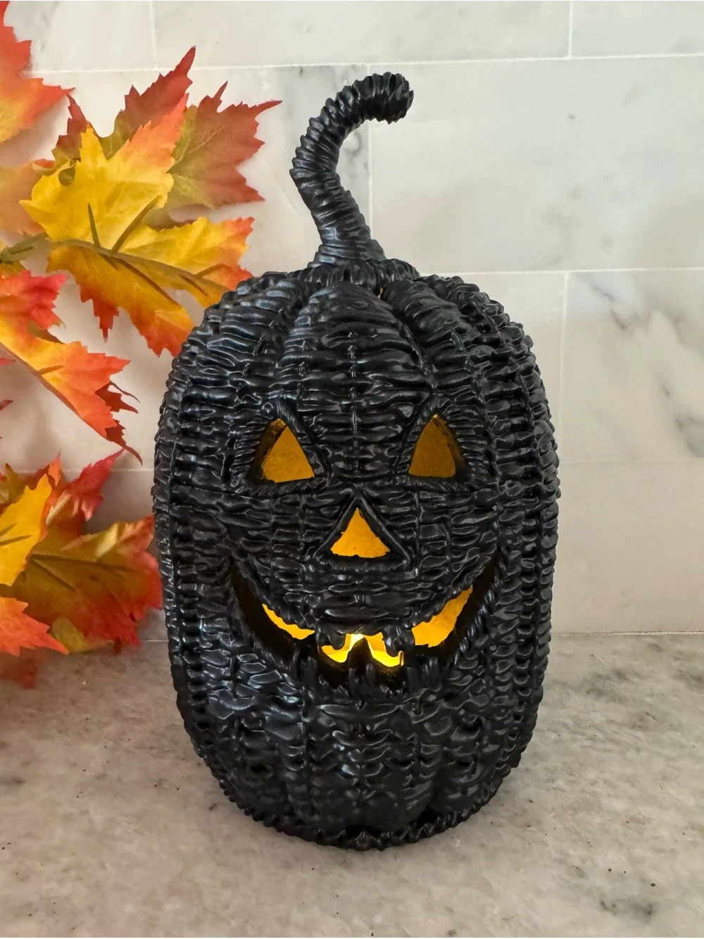 New Halloween RESIN Faux Wicker Black Jack-o'-Lantern Pumpkin w/ Tea Light - 8